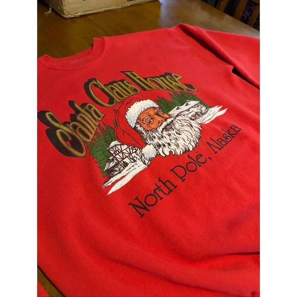 Vintage Santa Claus House Pullover Sweatshirt Large North Pole Alaska Red USA